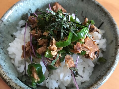 ピーマンとはごろも煮、スプラウトの炒めのっけ丼